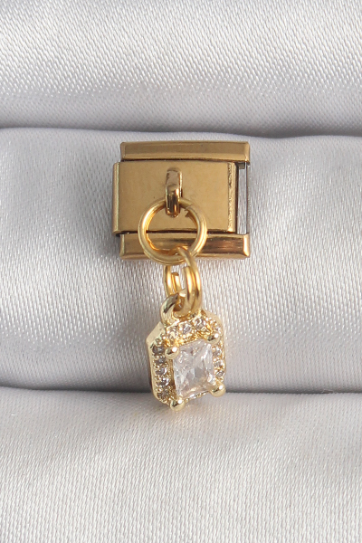 316L Çelik Gold Renk Sallantı Zirkon Taşlı Kare Model Nomination Charm 5886