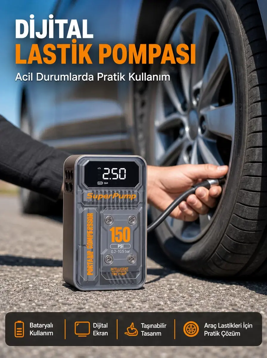150 PSI Kablosuz Dijital Ekranlı Taşınabilir Araç Lastik Pompası