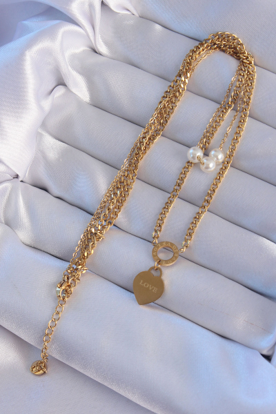 316L Çelik Gold Renk Çift Zincir İnci Detayı Love Kalp Kolye 5886