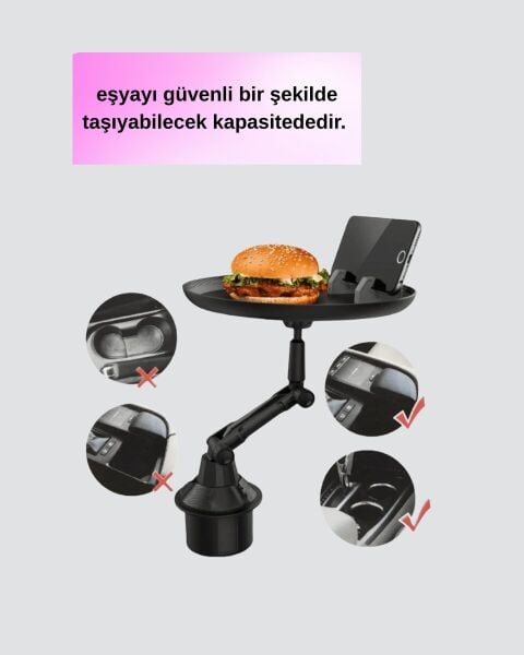 360° Döner Araç Bardaklık Tepsisi Geniş Yemek Alanlı Telefon Standlı