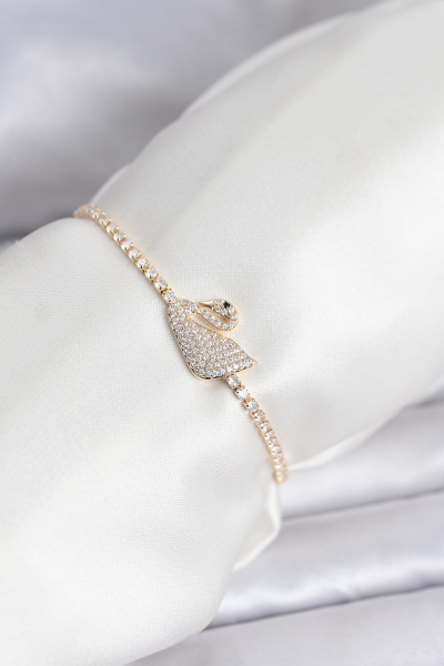 Kuğu Model Zirkon Taşlı Gold Renk Asansörlü Su Yolu Bileklik 5886