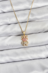 316L Çelik Zincir Gold Renk Teddy Bear Model Zirkon Taşlı Kadın Kolye 5886