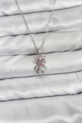 316L Çelik Zincir Gümüş Renk Teddy Bear Model Zirkon Taşlı Kadın Kolye 5886