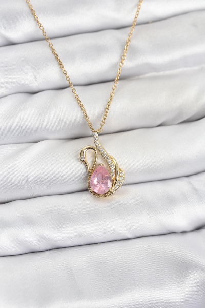 316L Çelik Zincir Gold Renk Pembe Kuğu Model Zirkon Taşlı Kadın Kolye 5886