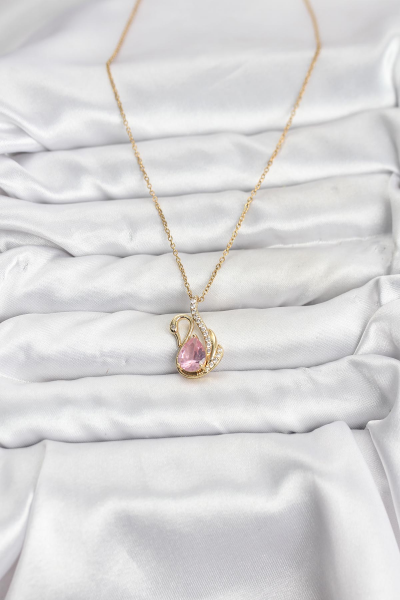 316L Çelik Zincir Gold Renk Pembe Kuğu Model Zirkon Taşlı Kadın Kolye 5886