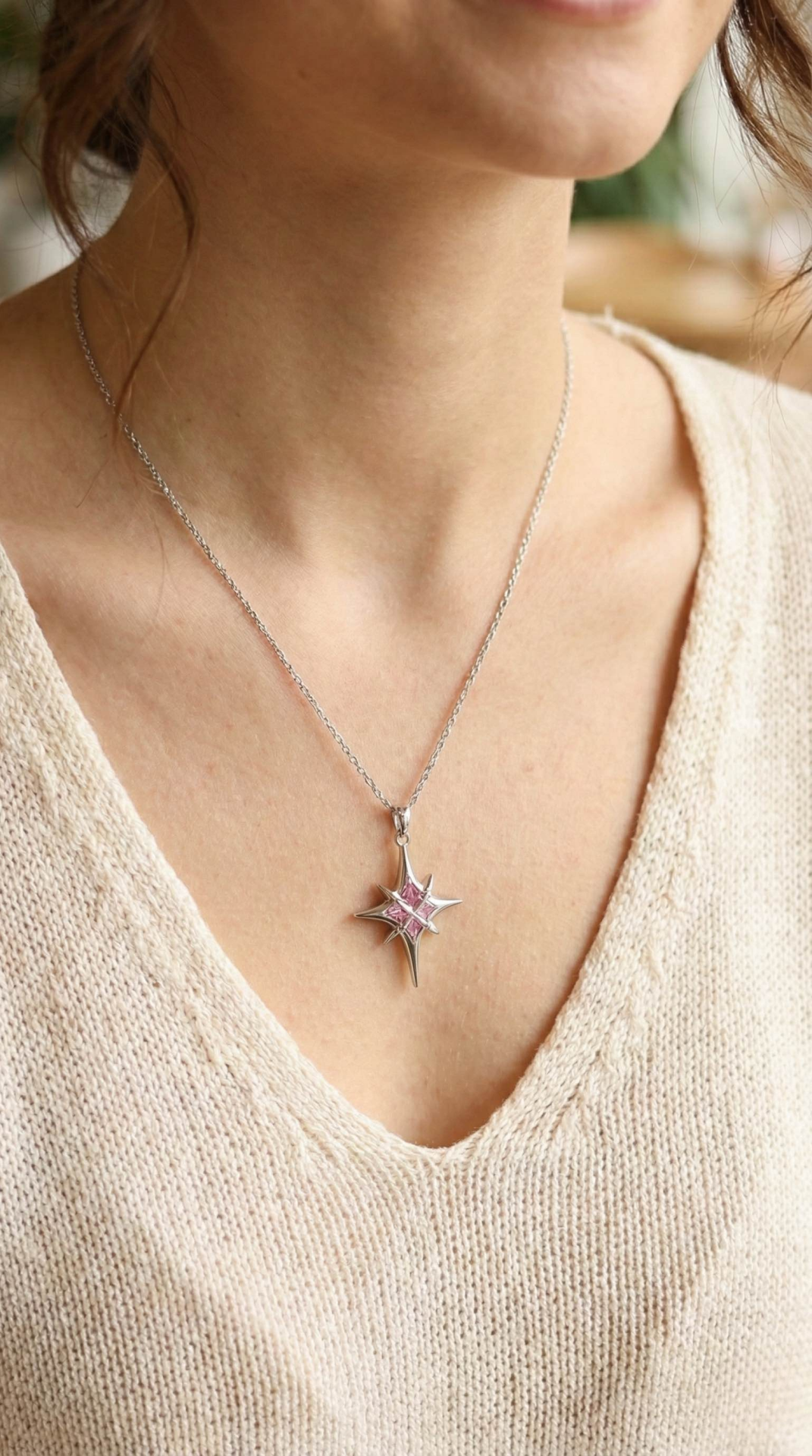 316L Çelik Gümüş Renk Zirkon Taşlı Kutup Yıldızı Model Kadın Kolye 5886