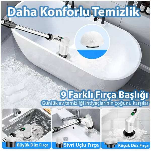 EZERE SpinPro 9-in-1 Teleskopik Şarjlı Dijital Temizlik Fırçası-(5775)