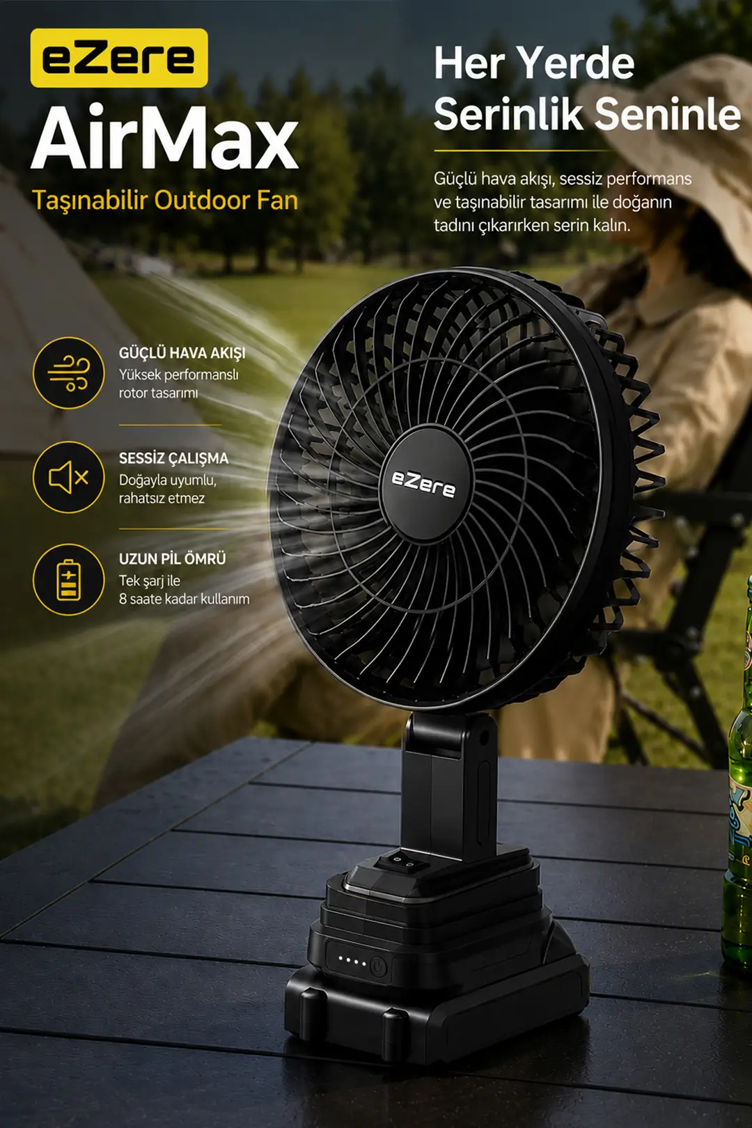 Ezere AirMax Şarjlı Taşınabilir Outdoor Fan Vantilatör ST-7997-(5775)