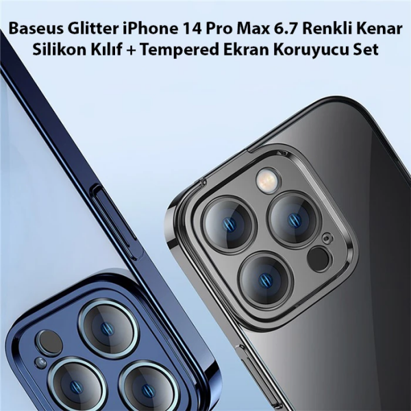 Baseus Glitter iPhone 14 Pro Max 6.7 Renkli Kenar Silikon Kılıf + Tempered Ekran Koruyucu Set-(5775)