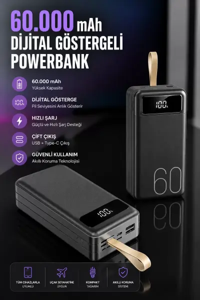 Powerbank 60.000 Mah Hızlı Şarj 4 Çıkışlı Uzun Şarj Süreli Dijital Göstergeli