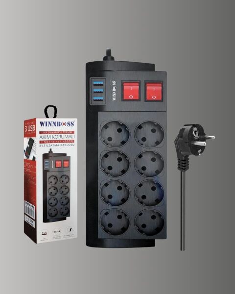 Isıya Dayanıklı Termal Akım Korumalı 8'li Priz ve 3 USB Girişli Uzatma Kablosu