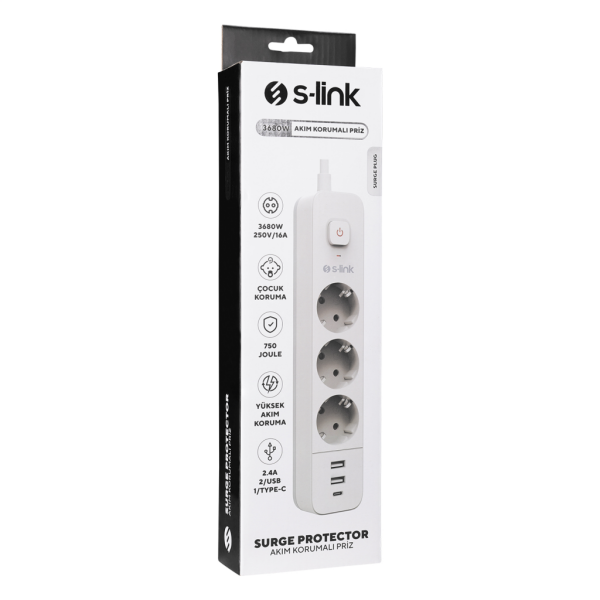 S-LINK SPG03TC 3 Soket Akım Korumalı Priz 1x Type-C 2xUSB 5V 4A 1.5Mt %100 Bakır 1mm Kablo 750 Joule (Beyaz)(1923)