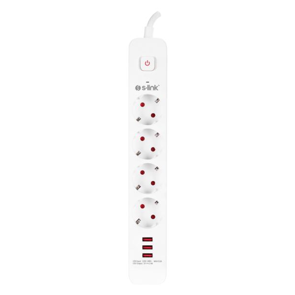 S-LINK SPG403U 4 Soket Akım Korumalı Priz 3xUSB 5V 2.4A 1.5Mt %100 Bakır 1.5mm Kablo 750 Joule (Beyaz)(1923)