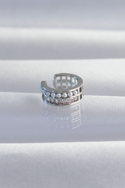 Pirinç Gümüş Renk İncili Baget Taşlı Earcuff Küpe 5886