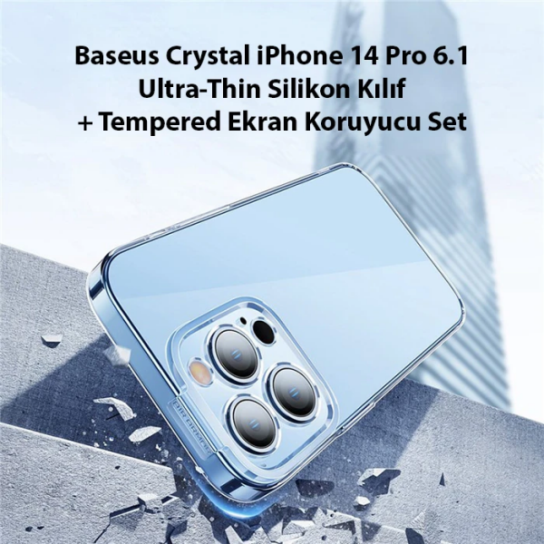 Baseus Crystal iPhone 14 Pro 6.1 Ultra-Thin Silikon Kılıf + Tempered Ekran Koruyucu Set-(5775)