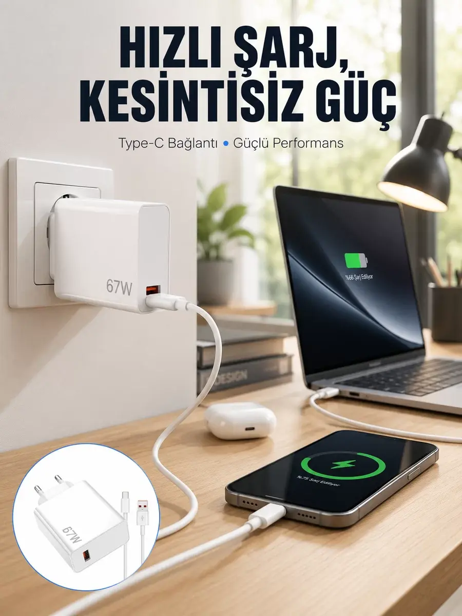 67W Type-C Turbo Şarj Cihazı – Aşırı Akım ve Isı Koruması Seyahat Uyumlu Yeni Nesil