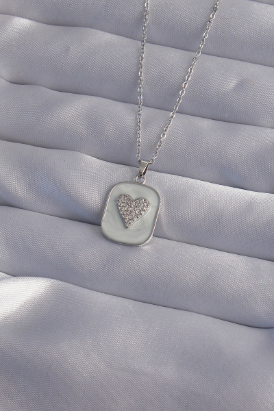 316L Çelik Zincir Mermer Desenli Gümüş Renk Zirkon Taşlı Kalp Model Kolye 5886