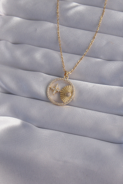 316L Çelik Zincir Gold Renk Zirkon Taşlı Yıldız Figürlü Oval Kolye 5886