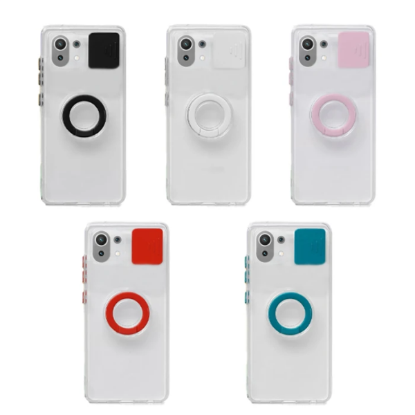 Xiaomi Mi 11 Lite Kılıf Sürgülü Kamera Lens Korumalı Yüzük Standlı Silikon Kılıf-(5775)