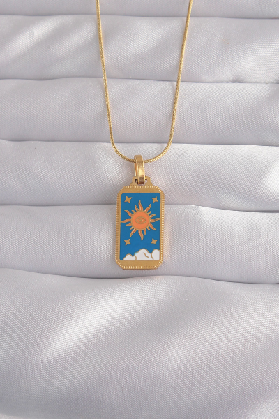 316L Çelik Gold Renk Mavi Mineli Güneş Model Tarot Kolye 5886