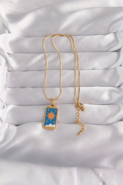 316L Çelik Gold Renk Mavi Mineli Güneş Model Tarot Kolye 5886
