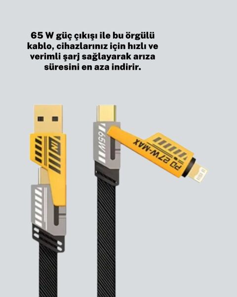 Yüksek Hızlı 65W Güç Çıkışlı Çoklu Cihaz Uyumlu Şarj Kablosu