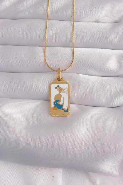 316L Çelik Gold Renk Beyaz Mineli Kız Figür Tarot Kolye 5886