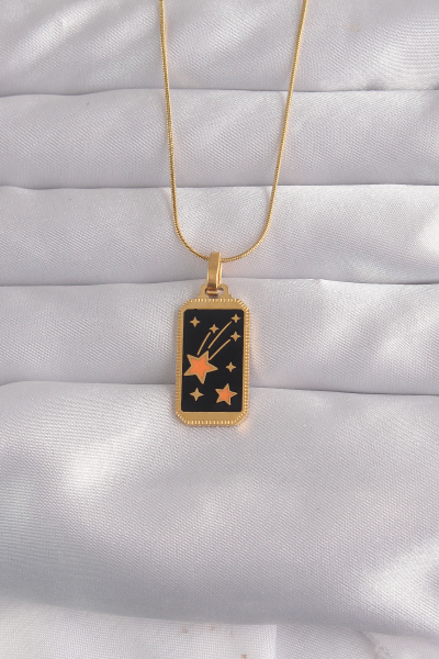 316L Çelik Gold Renk Siyah Mineli Yıldız Figür Tarot Kolye 5886