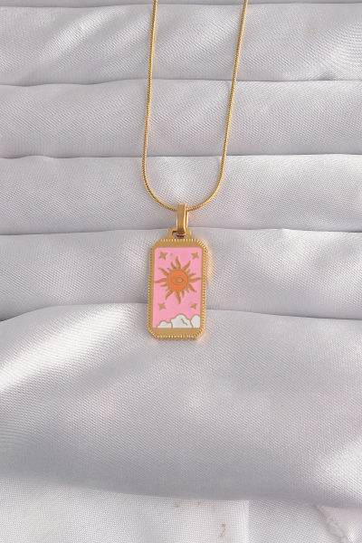 316L Çelik Gold Renk Pembe Mineli Güneş Model Tarot Kolye 5886