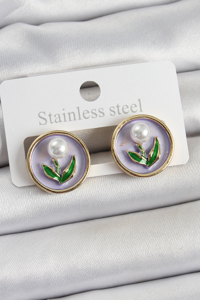 Pirinç Mor Mineli Lale Figürlü Sanatsal Portre Model Gold Renk Kadın Küpe 5886