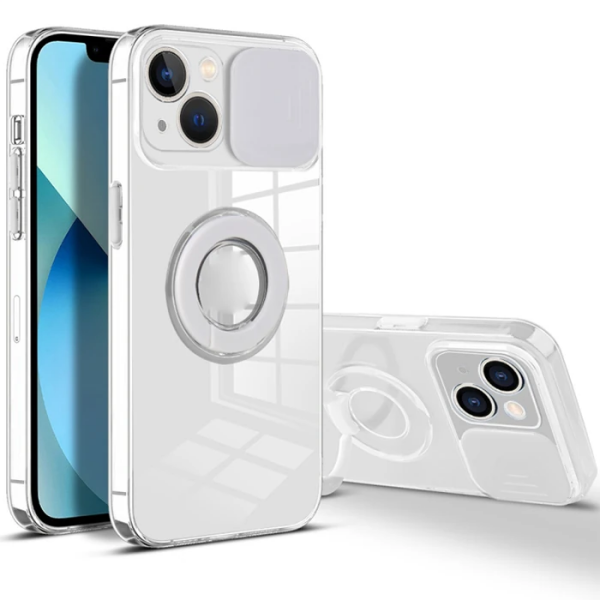 Ally iPhone 13 Mini 5.4inç Kılıf Sürgülü Kamera Lens Korumalı Yüzük Standlı Silikon Kılıf-(5775)