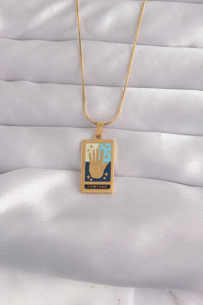 316L Çelik Gold Renk Karışık Mineli El Figür Tarot Kolye 5886