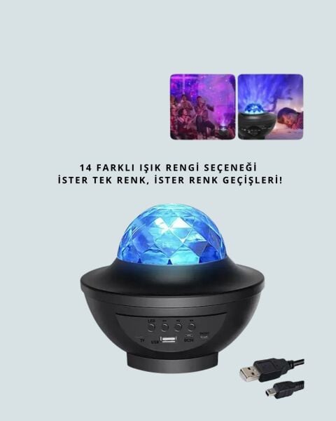 Sesle Etkileşimli Yıldız Projektörlü Gece Lambası – Bluetooth Hoparlörlü USB Girişli Dönen Okyanus
