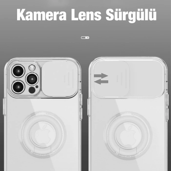 Ally iPhone 13 Pro Max 6.7inç Kılıf Sürgülü Kamera Lens Korumalı Yüzük Standlı Silikon Kılıf-(5775)