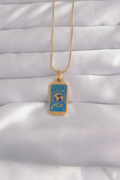 316L Çelik Gold Renk Mavi Mineli El Figür Tarot Kolye 5886