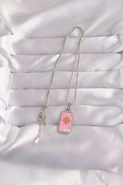 316L Çelik Gümüş Renk Pembe Mineli Güneş Model Tarot Kolye 5886