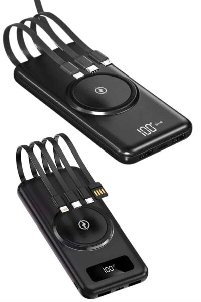 Kablosuz Çoklu Şarj Girişli 10.000 Mah Kablolu Powerbank Taşınabilir