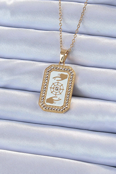 316L Çelik Zincir Altın Renk Mineli Zirkon Taşlı Göz Figür Tarot Kolye 5886