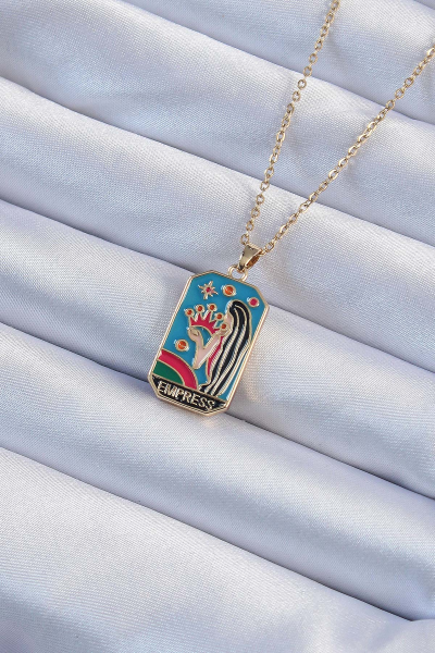 316L Çelik Zincir Altın Renk Taç ve Kız Figürlü Renkli Mineli Tarot Kolye 5886