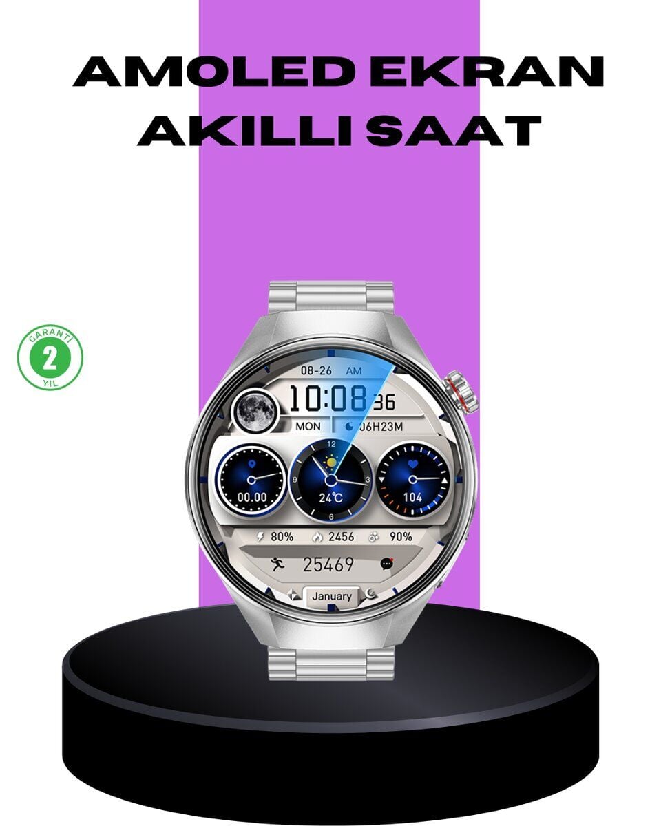 Akıllı Saat Metal Kordonlu Tam Ekran AMOLED – Arama ve Sağlık Takip Özellikli