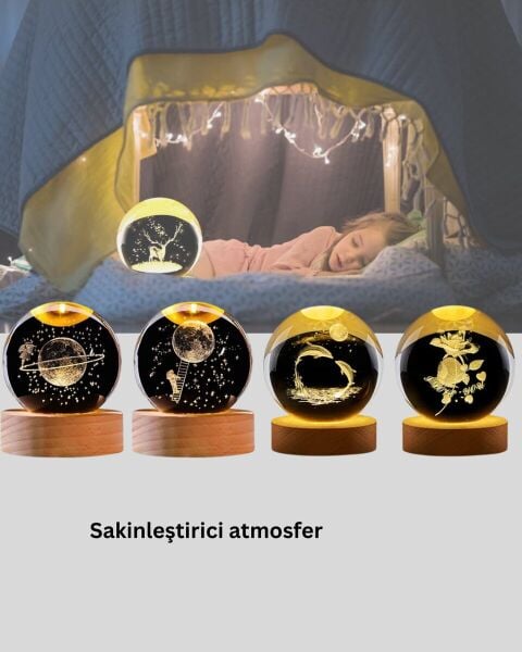 USB Bağlantılı Geyik Temalı Kristal Küre Premium Masa Gece Lambası