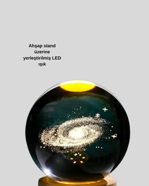 Samanyolu Desenli Kristal Küre Ahşap Standlı Gün Işığı LED Masa Lambası