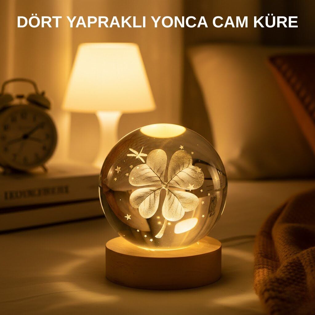 USB Bağlantılı Yonca Bitkili Cam Küre Ahşap Altlıklı Dekoratif Lamba