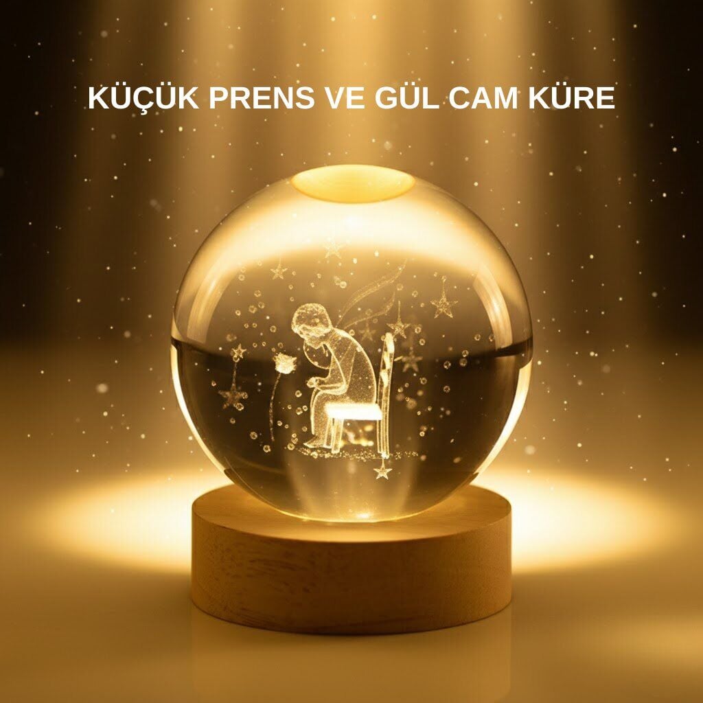 Küçük Prens Cam Küre USB Işıklı Ahşap Standlı Büyük Boy