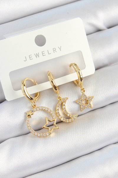 Pirinç Zirkon Taşlı Yıldız Ve Ay Model Gold Renk 3'lü Kadın Küpe Set 5886