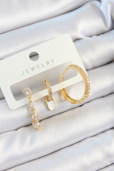 Pirinç Zirkon Taşlı Sallantılı Model Gold Renk 3'lü Çift Kadın Küpe Set 5886