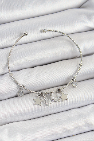 Pirinç Zirkon Taşlı Kelebek Ve Yıldız Model Gümüş Renk Charm Bileklik 5886
